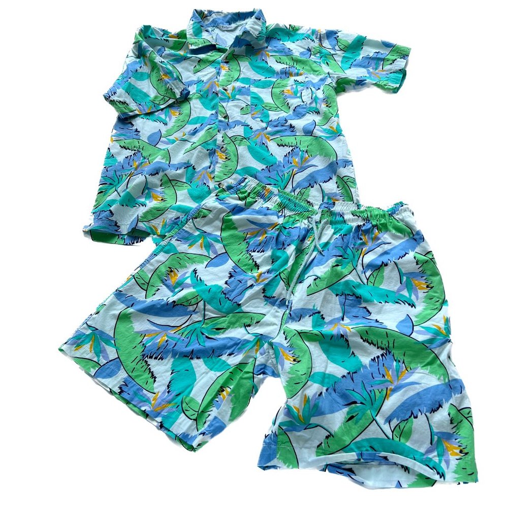 Vintage Esthete Top & Shorts Mens S Womens L Green Blue Tropical Print Cotton